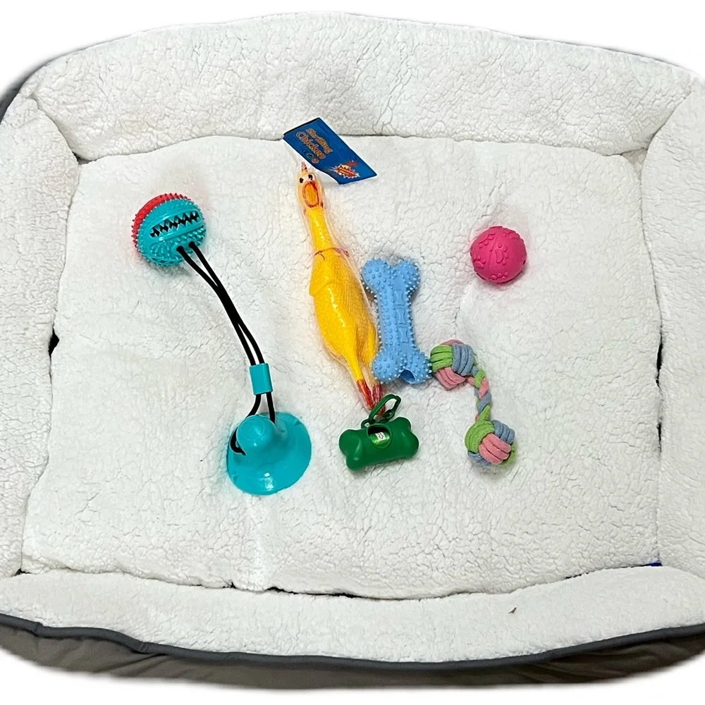 This is a bundle of pet toys with the bed. This is great for medium size dog ,
